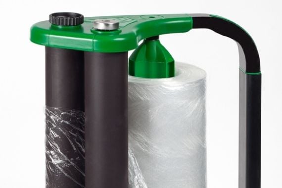 Close up image of a hand pallet wrap machine