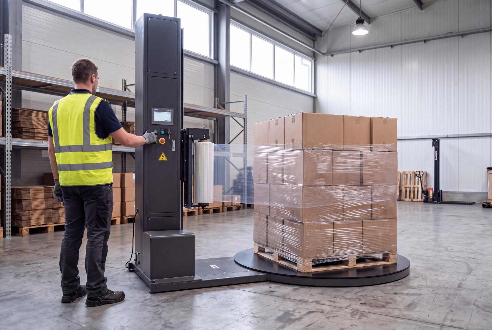 An operator starting a turntable pallet wrapper from its control panel