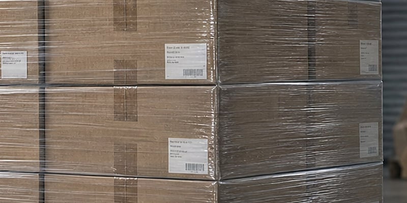 Crystal-clear stretch film pulled tight over cartons, with the labels visible through it