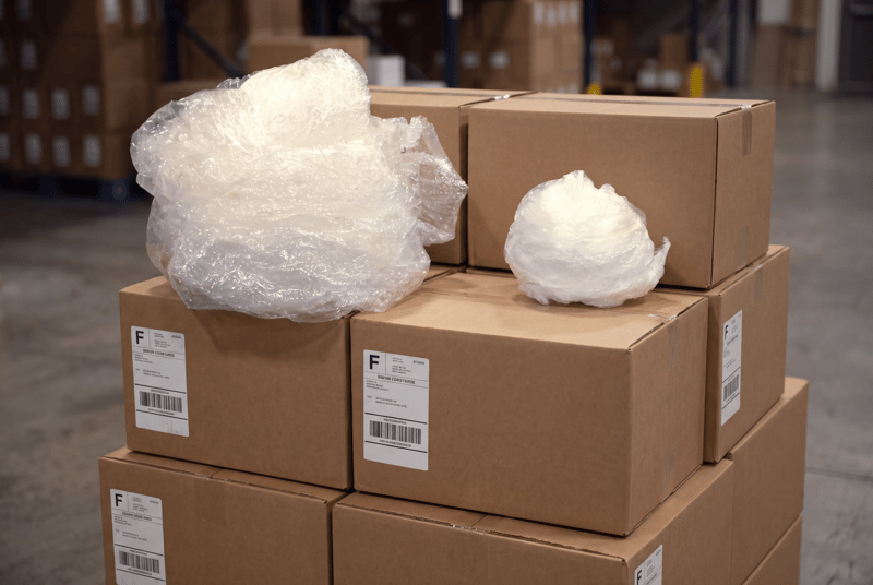 Two balls of used stretch film from identical pallets: a large one from the old wrap and a much smaller one from the new